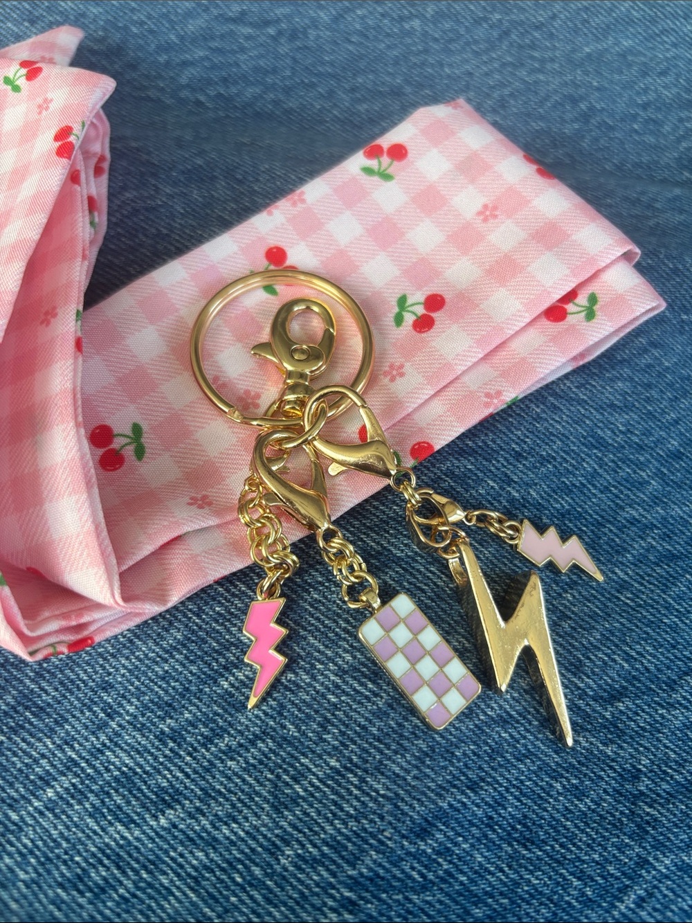 Bag Charm Keychain Gold & Pink Lightning Bolts with Twilly